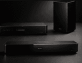Concept visualisation of a player, soundbar and speaker arranged together, an exploratory study of equipment working as one system.