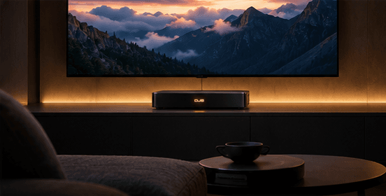 Concept visualisation of Reference One in a darkened living room, beneath a screen and a warm concealed light.