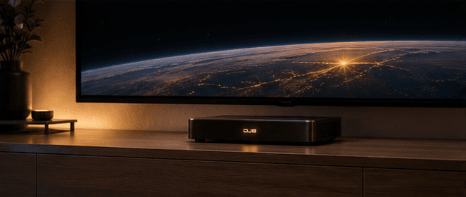 Concept visualisation of Reference One on a timber console beneath a large screen showing Earth at sunrise.